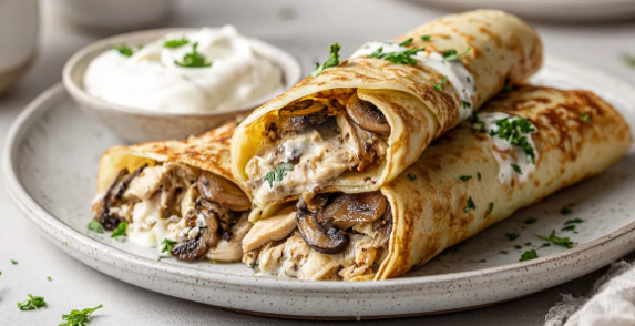 ბლინები ქათმის ფარშით, სოკოთი და ბეშამელის სოუსით